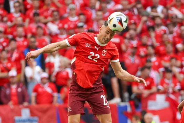Header Fabian Schaer Switzerland, 22 , Football, UEFA , European Championship, Quarterfinals 2024, England vs Switzerland, 06 07 2024, Duesseldorf Arena, Duesseldorf, Germany Duesseldorf Duesseldorf Arena Nordrhein Westfalen Germany Copyright: xGrantxHubbsx