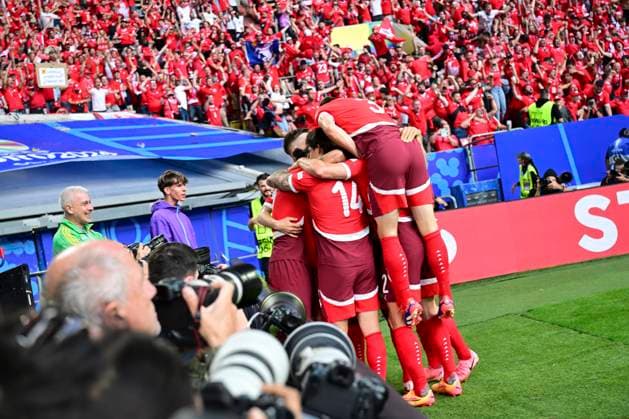 Goal celebration for 0 1 by Breel Embolo 7 Switzerland , England Switzerland, Football, UEFA Euro 2024, Quarter-final, 06 07 2024 Düsseldorf North Rhine-Westphalia Germany Copyright: xkolbert-press MarcxNiemeyerx