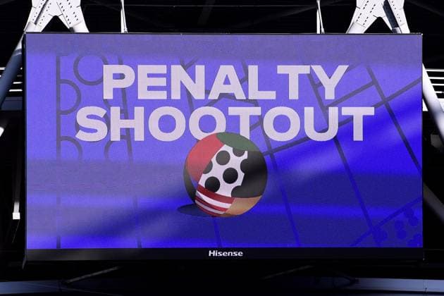 Soccer UEFA EURO 2024 quarter-final England Switzerland on 06 07 2024 at the Düsseldorf Arena in Düsseldorf Scoreboard Video wall Penalty shootout Penalty shootout xRx