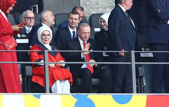 President of Türkiye Recep Tayyip Erdogan Netherlands v Turkiye, UEFA European Championship, EM, Europameisterschaft 2024, Quarter Final, Football, Olympiastadion, Berlin, Germany, 06 Jul 2024 EDITORIAL USE ONLY No use with unauthorised audio, video, data, fixture lists, club league logos or live services. Online in-match use limited to 120 images, no video emulation. No use in betting, games or single club league player publications.  Copyright: xKieranxMcManus Shutterstockx 14571393q