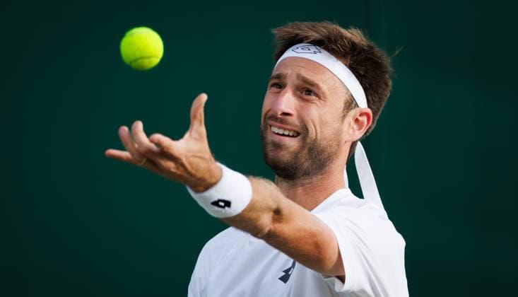 Belgian Sander Gille pictured in action during a doubles tennis match between Belgian pair Gille-Vliegen and British-Dutch pair Glasspool - Rojer, in the second round of the men s doubles competition of the 2024 Wimbledon grand slam tournament at the All England Tennis Club, in south-west London, Britain, Saturday 06 July 2024. BENOITxDOPPAGNE  x95971908x