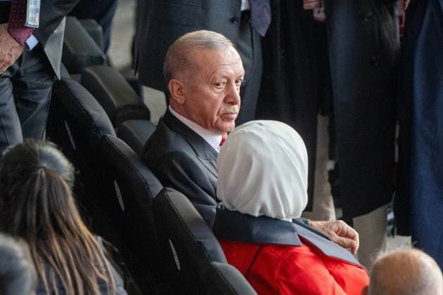 Football, Men, Season 2023 24, UEFA Euro EM 2024, Quarterfinals in Berlin, Netherlands Turkey, Recep Tayyip Erdogan President of the Republic of Turkey with wife Emine Erdogan in the stands, , 06 07 2024, Copyright: xMatthiasxKochx