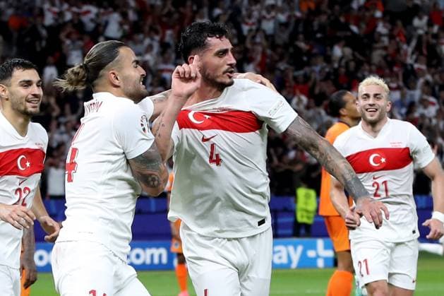 06 07 2024, xtgx, Football EM 2024 1 4 Final, Netherlands Turkey emspor, v l Goal celebration after the goal to celebrate the goal celebrate 0 1 by Samet Akaydin Turkey Turkey UEFA REGULATIONS PROHIBIT ANY USE OF PHOTOGRAPHS as IMAGE SEQUENCES and or QUASI VIDEO Berlin