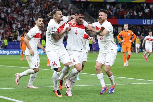 06 07 2024, xtgx, Football EM 2024 1 4 Final, Netherlands Turkey emspor, v l Goal celebration after the goal to celebrate the goal celebrate 0 1 by Samet Akaydin Turkey Turkey UEFA REGULATIONS PROHIBIT ANY USE OF PHOTOGRAPHS as IMAGE SEQUENCES and or QUASI VIDEO Berlin