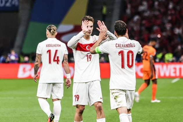 Sport, Football, UEFA EURO 2024 quarter-finals Netherlands Turkey 06 07 2024, Olympiastadion Berlin Abdülkerim Bardakci Turkey, 14 Kenan Yildiz Turkey, 19 Hakan Calhanoglu Turkey, 10 Berlin Olympiastadion Berlin Berlin Germany
