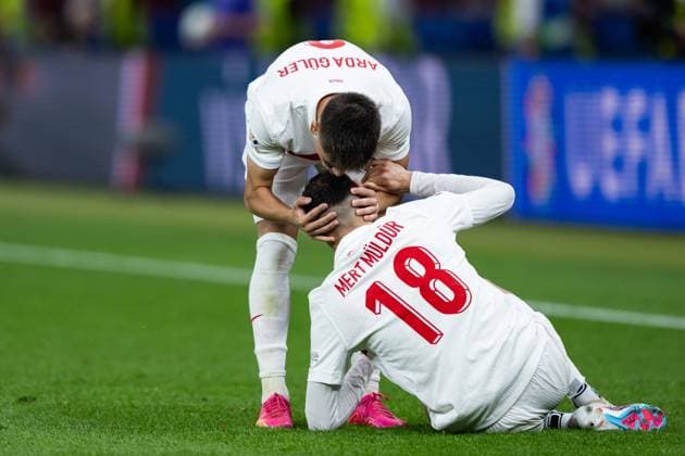 240706 Arda Guler and Mert Muldur of Türkiye during the UEFA Euro 2024 Football Championship quarterfinal between Netherlands and Türkiye on July 6, 2024 in Berlin Photo Jesper Zerman BILDBYRAN kod JZ JZ0552 fotboll football soccer fotball fotballs em europamästerskap em uefa euro uefa european football championship euro 2024 nederländerna holland netherlands türkiye bbeng  Copyright: JESPERxZERMAN BB240706JZ092