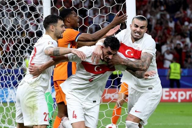 06 07 2024, xtgx, Football EM 2024 1 4 Final, Netherlands Turkey emspor, v l Goal celebration after the goal to celebrate the goal celebrate 0 1 by Samet Akaydin Turkey Turkey UEFA REGULATIONS PROHIBIT ANY USE OF PHOTOGRAPHS as IMAGE SEQUENCES and or QUASI VIDEO Berlin