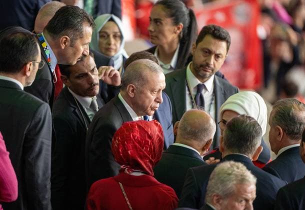 Football, men, season 2023 24, UEFA Euro EM 2024, quarter-finals in Berlin, Netherlands Turkey, Recep Tayyip Erdogan President of the Republic of Turkey with wife Emine Erdogan in the stands, disappointment and short discussion after the final whistle, then they were gone, 06 07 2024, Copyright: xMatthiasxKochx