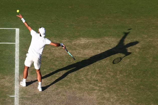 6th July 2024; All England Lawn Tennis and Croquet Club, London, England; Wimbledon Tennis Tournament, Day 6; Lorenzo Musetti (ITA) serves during his third round match against Francisco Comesana (ARG)  ActionPlus12665237 ShaunxBrooks