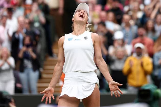 6th July 2024; All England Lawn Tennis and Croquet Club, London, England; Wimbledon Tennis Tournament, Day 6; Yulia Putintseva (KAZ) celebrates after she won her third round match against Iga Swiatek (POL)  ActionPlus12665279 ShaunxBrooks