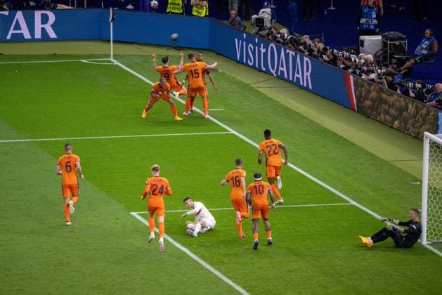 Football, men, season 2023 24, UEFA Euro EM 2024, quarter-final in Berlin, Netherlands Turkey, Holland cheering after goal to 2 1 by Cody Gakpo top right, Netherlands , Towart Mert Günok Cakir Turkey is served, 06 07 2024, Copyright: xMatthiasxKochx
