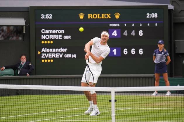 LONDON, ENGLAND - JULY 06: Alexander Zverev of Germany reacts in the Men s Singles third round match against Cameron Norrie of Great Britain during day six of The Championships Wimbledon 2024 at All England Lawn Tennis and Croquet Club on July 06, 2024 in London, England  Copyright: xHiroshixSatox