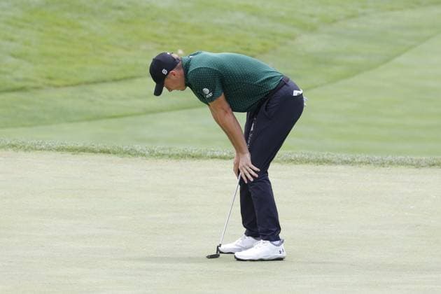 SILVIS, IL - JULY 06: PGA, Golf Herren golfer Jordan Spieth reacts to barely missing an eagle putt on the 17th hole during the third round of the John Deere Classic on July 6,2024, at the TPC Deere Run in Silvis, Illinois. (Photo by Brian Spurlock Icon Sportswire) GOLF: JUL 06 PGA John Deere Classic EDITORIAL USE ONLY Icon24070612