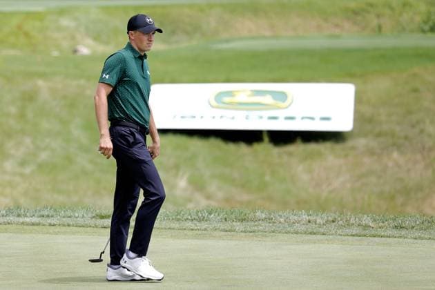 SILVIS, IL - JULY 06: PGA, Golf Herren golfer Jordan Spieth putts on the 16th hole during the third round of the John Deere Classic on July 6,2024, at the TPC Deere Run in Silvis, Illinois. (Photo by Brian Spurlock Icon Sportswire) GOLF: JUL 06 PGA John Deere Classic EDITORIAL USE ONLY Icon2407064
