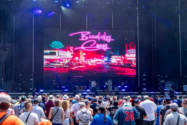 CHICAGO, IL - JULY 06: A wide shot of Buddy Guy performing on the Draftkings Stage before the NASCAR, Motorsport, USA Xfinity Series The Loop 110 at the Chicago Street Course on July 06, 2024 in Chicago, Illinois. (Photo by Ben Hsu Icon Sportswire)(Photo by Ben Hsu Icon Sportswire) AUTO: JUL 06 NASCAR Chicago Street Race Weekend Entertainment - Buddy Guy EDITORIAL USE ONLY Icon224240706001