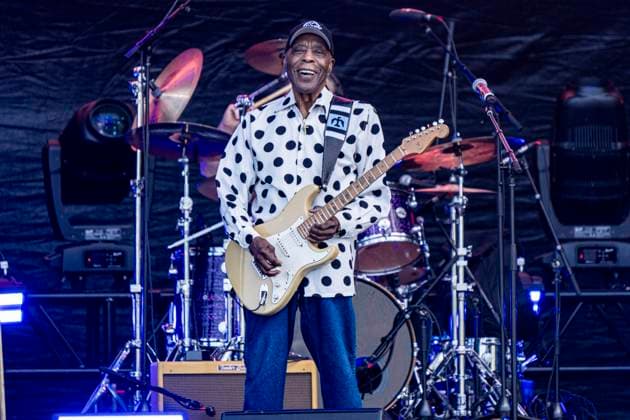 CHICAGO, IL - JULY 06: Buddy Guy smiles while performing on the Draftkings Stage before the NASCAR, Motorsport, USA Xfinity Series The Loop 110 at the Chicago Street Course on July 06, 2024 in Chicago, Illinois. (Photo by Ben Hsu Icon Sportswire)(Photo by Ben Hsu Icon Sportswire) AUTO: JUL 06 NASCAR Chicago Street Race Weekend Entertainment - Buddy Guy EDITORIAL USE ONLY Icon224240706003