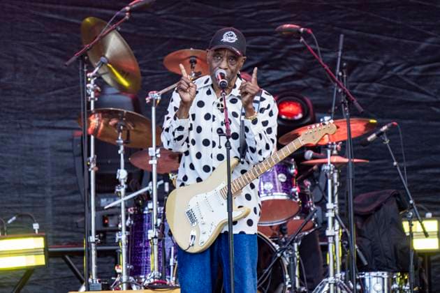 CHICAGO, IL - JULY 06: Buddy Guy sings into the microphone while performing on the Draftkings Stage before the NASCAR, Motorsport, USA Xfinity Series The Loop 110 at the Chicago Street Course on July 06, 2024 in Chicago, Illinois. (Photo by Ben Hsu Icon Sportswire)(Photo by Ben Hsu Icon Sportswire) AUTO: JUL 06 NASCAR Chicago Street Race Weekend Entertainment - Buddy Guy EDITORIAL USE ONLY Icon224240706006