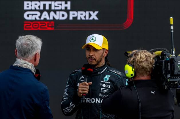 SILVERSTONE, UNITED KINGDOM: Lewis Hamilton, racing for the Mercedes F1 team during the 2024 Formula 1 British Grand Prix at the Silverstone Circuit in Silverstone, United Kingdom