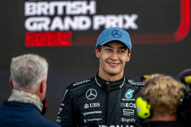 SILVERSTONE, UNITED KINGDOM: George Russell, racing for the Mercedes F1 team during the 2024 Formula 1 British Grand Prix at the Silverstone Circuit in Silverstone, United Kingdom