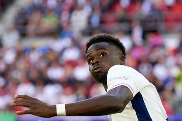 Bukayo Saka of England prepares for a header during the UEFA EURO, EM, Europameisterschaft,Fussball 2024 quarter finals match between England and Switzerland at Dusseldorf Arena on July 6, 2024 in Dusseldorf, Germany (Photo by Camilla Stolen Imago) Dusseldorf Germany Copyright: xCamillaxStolenx L2170338