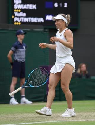 (240707) -- LONDON, July 7, 2024 -- Yulia Putintseva reacts after winning the women s singles third round match between Yulia Putintseva of Kazakhstan and Iga Swiatek of Poland at Wimbledon tennis Championship in London, Britain on July 6, 2024. ) (SP)BRITAIN-LONDON-TENNIS-WIMBLEDON HanxYan 