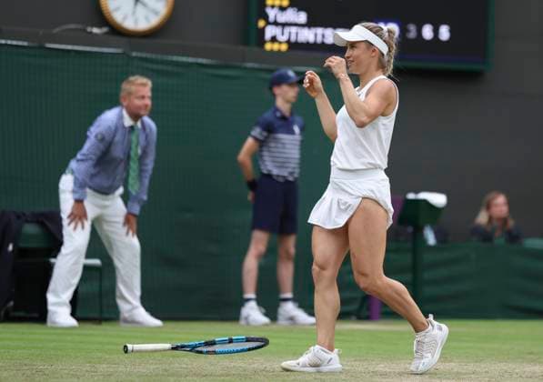 (240707) -- LONDON, July 7, 2024 -- Yulia Putintseva reacts after winning the women s singles third round match between Yulia Putintseva of Kazakhstan and Iga Swiatek of Poland at Wimbledon tennis Championship in London, Britain on July 6, 2024. ) (SP)BRITAIN-LONDON-TENNIS-WIMBLEDON HanxYan 