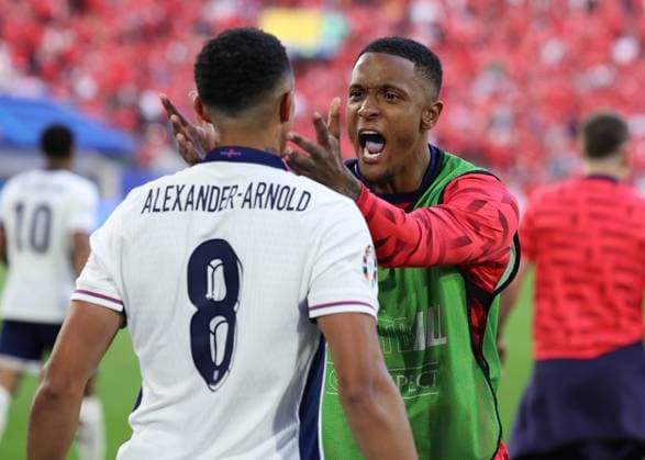 Dusseldorf, Germany, 6th July 2024. Trent Alexander-Arnold of England and Ezri Konsa of England celebrate after the UEFA European Championships Quarter Final match at Dusseldorf Arena, Dusseldorf. Picture credit should read: Paul Terry Sportimage EDITORIAL USE ONLY. No use with unauthorised audio, video, data, fixture lists, club league logos or live services. Online in-match use limited to 120 images, no video emulation. No use in betting, games or single club league player publications. SPI-3218-0247
