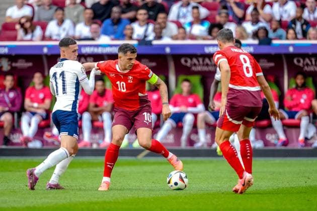 EURO 2024 - Quarter-Finals: England vs. Switzerland Granit Xhaka in action during the EURO 2024 Quarter-Final match between England and Switzerland on 06 July 2024, at Duesseldorf Arena, in Duesseldorf, Germany Duesseldorf Duesseldorf Arena Germany Copyright: xAlexandraxFechetex DSC01037