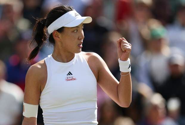 (240707) -- LONDON, July 7, 2024 -- Wang Xinyu celebrates during the women s singles third round match between Wang Xinyu of China and Harriet Dart of Great Britain at Wimbledon tennis Championship in London, Britain on July 6, 2024. ) (SP)BRITAIN-LONDON-TENNIS-WIMBLEDON HanxYan 
