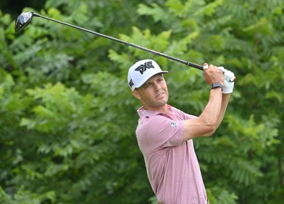 SILVIS, IL - JULY 06: Golfer Eric Cole tees off on the 2 hole during the third round of the John Deere Golf PGA, Golf Herren Classic on July 06, 2024, at TPC Deere Run in Silvis IL. (Photo by Keith Gillett Icon Sportswire) GOLF: JUL 06 PGA John Deere Classic EDITORIAL USE ONLY Icon240706104
