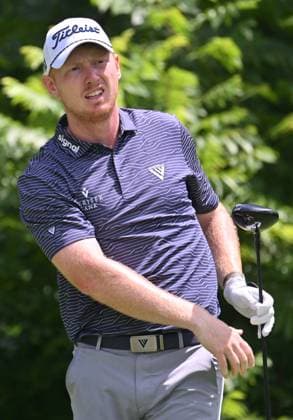 SILVIS, IL - JULY 06: Golfer Hayden Springer reacts after teeing off on the 2 hole during the third round of the John Deere Golf PGA, Golf Herren Classic on July 06, 2024, at TPC Deere Run in Silvis IL. (Photo by Keith Gillett Icon Sportswire) GOLF: JUL 06 PGA John Deere Classic EDITORIAL USE ONLY Icon24070697