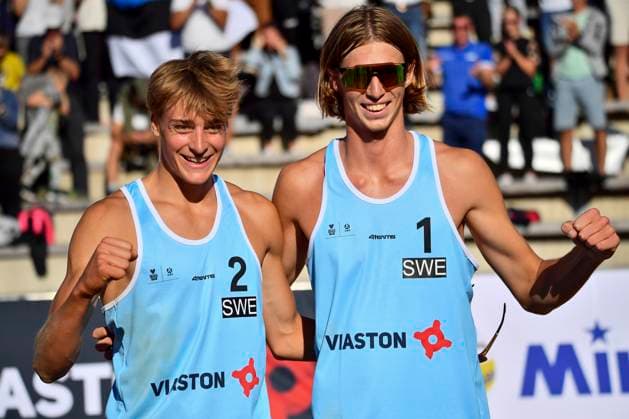 (240707) -- RAKVERE, July 7, 2024 -- Gold medalists Jacob Holting Nilsson(R) Elmer Anderssonof of Sweden celebrate after the men s gold medal game against Urmas Piik Dimitri Korotkov of Estonia at the 2024 Volleyball World Beach Pro Tour in Rakvere, Estonia, July 6, 2024. (Photo by Xinhua) (SP)ESTONIA-RAKVERE-VOLLEYBALL WORLD BEACH PRO TOUR SergeixStepanov 