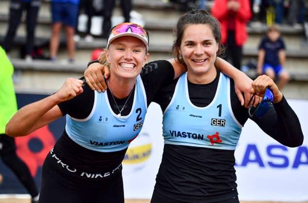 (240707) -- RAKVERE, July 7, 2024 -- Gold medalists Chenoa Christ (L) Anna-Lena Grune of Germany celebrate after winning the women s final against Maryna Hladun Tetiana Lazarenko of Ukraine at the 2024 Volleyball World Beach Pro Tour in Rakvere, Estonia, July 6, 2024. (Photo by Xinhua) (SP)ESTONIA-RAKVERE-VOLLEYBALL WORLD BEACH PRO TOUR SergeixStepanov 
