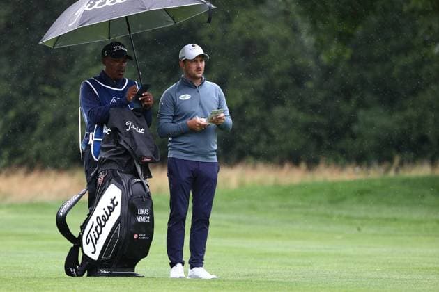GOLF - BMW International Open 2024 MUNICH,GERMANY,07.JUL.24 - GOLF - DP World Tour, BMW International Open, GC Eichenried. Image shows Lukas Nemecz (AUT) and his caddy.  GEPAxpictures xThomasxBachun