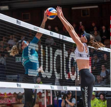 July 7, 2024, Gstaad, Bern, Switzerland: Gstaad Switzerland, 07 07 2024: MEG KRAFT of USA team makes a block during Swatch Beach Pro Gstaad 2024, Swatch Beach Pro Gstaad 2024 took place in the famous ski resort and which organizes events like the EFG Swiss Open Gstaad ATP, Tennis Herren 250 and the Polo Gold Club Gstaad 2024 and took place at Roy Emerson Arena in Gstaad; which also counts for the Volleyball World Beach Pro Tour championship and which serves as a warm-up for the stars of the future Paris Olympic Games, Olympische Spiele, Olympia, OS Gstaad Switzerland - ZUMAd206 20240707_zip_d206_010 Copyright: xEricxDubostx