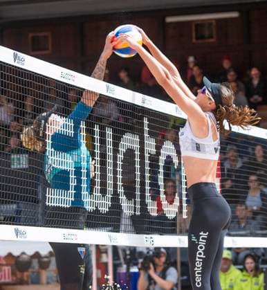 July 7, 2024, Gstaad, Bern, Switzerland: Gstaad Switzerland, 07 07 2024: MEG KRAFT of USA team makes a block during Swatch Beach Pro Gstaad 2024, Swatch Beach Pro Gstaad 2024 took place in the famous ski resort and which organizes events like the EFG Swiss Open Gstaad ATP, Tennis Herren 250 and the Polo Gold Club Gstaad 2024 and took place at Roy Emerson Arena in Gstaad; which also counts for the Volleyball World Beach Pro Tour championship and which serves as a warm-up for the stars of the future Paris Olympic Games, Olympische Spiele, Olympia, OS Gstaad Switzerland - ZUMAd206 20240707_zip_d206_011 Copyright: xEricxDubostx