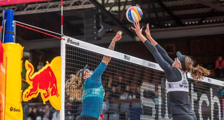 July 7, 2024, Gstaad, Bern, Switzerland: Gstaad Switzerland, 07 07 2024: TERESE CANNON of USA team makes a block during Swatch Beach Pro Gstaad 2024, Swatch Beach Pro Gstaad 2024 took place in the famous ski resort and which organizes events like the EFG Swiss Open Gstaad ATP, Tennis Herren 250 and the Polo Gold Club Gstaad 2024 and took place at Roy Emerson Arena in Gstaad; which also counts for the Volleyball World Beach Pro Tour championship and which serves as a warm-up for the stars of the future Paris Olympic Games, Olympische Spiele, Olympia, OS Gstaad Switzerland - ZUMAd206 20240707_zip_d206_015 Copyright: xEricxDubostx