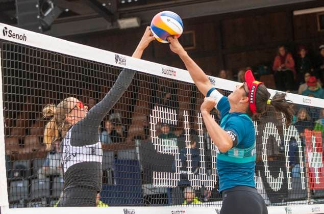 July 7, 2024, Gstaad, Bern, Switzerland: Gstaad Switzerland, 07 07 2024: REBECCA CAVAlCANTE BARBOSA DA SILVA of Brasil makes a block against TERESE CANNON of USA team during Swatch Beach Pro Gstaad 2024, Swatch Beach Pro Gstaad 2024 took place in the famous ski resort and which organizes events like the EFG Swiss Open Gstaad ATP, Tennis Herren 250 and the Polo Gold Club Gstaad 2024 and took place at Roy Emerson Arena in Gstaad; which also counts for the Volleyball World Beach Pro Tour championship and which serves as a warm-up for the stars of the future Paris Olympic Games, Olympische Spiele, Olympia, OS Gstaad Switzerland - ZUMAd206 20240707_zip_d206_017 Copyright: xEricxDubostx