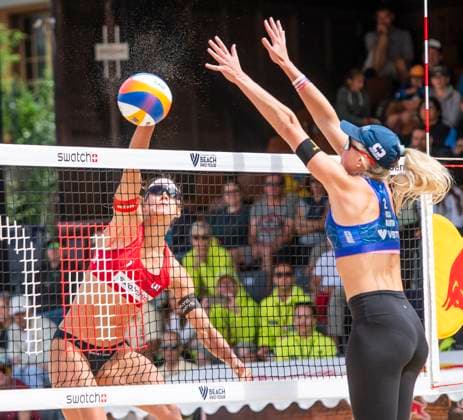 July 7, 2024, Gstaad, Bern, Switzerland: Gstaad Switzerland, 07 07 2024: TINA GRAUDINA of Latonia ofÃ‚ Latonia team makes a smash against TARYN KLOTH of USA team during Swatch Beach Pro Gstaad 2024, Swatch Beach Pro Gstaad 2024 took place in the famous ski resort and which organizes events like the EFG Swiss Open Gstaad ATP, Tennis Herren 250 and the Polo Gold Club Gstaad 2024 and took place at Roy Emerson Arena in Gstaad; which also counts for the Volleyball World Beach Pro Tour championship and which serves as a warm-up for the stars of the future Paris Olympic Games, Olympische Spiele, Olympia, OS Gstaad Switzerland - ZUMAd206 20240707_zip_d206_027 Copyright: xEricxDubostx