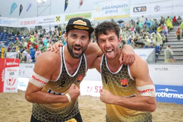 Beach volleyball, Beachvolleyball - Pro Beach Battle Masters SEEWALCHEN,AUSTRIA,07.JUL.24 - BEACH VOLLEYBALL - Beach Volleyball Tour PRO, Pro Beach Battle Masters Litzlberg. Image shows Christoph Dressler and Maximilian Trummer (AUT).  GEPAxpictures xMathiasxMandl