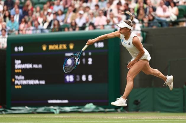 6th July 2024; All England Lawn Tennis and Croquet Club, London, England; Wimbledon Tennis Tournament, Day 6; Yulia Putintseva (KAZ) serving during her third round match against Iga Swiatek (POL)  ActionPlus12665511 ShaunxBrooks