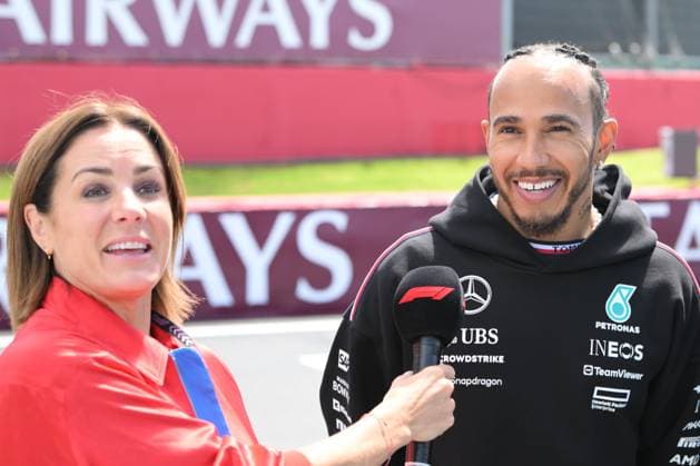 7th July 2024; Silverstone Circuit, Northamptonshire, England: Formula 1 2024 Qatar Airways British F1 Grand Prix; Race Day: Lewis Hamilton of Mercedes is interviewed by Natalie Pinkham of Sky Sports  ActionPlus12665549 SimonxWest