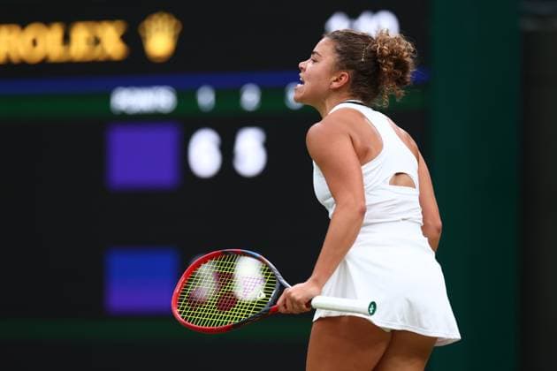 7th July 2024; All England Lawn Tennis and Croquet Club, London, England; Wimbledon Tennis Tournament, Day 7; Jasmine Paolini (ITA) reacts as she breaks serve during her fourth round match against Madison Keys (USA)  ActionPlus12665646 ShaunxBrooks