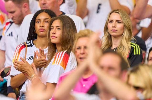 (L-R) Aaliyah Mohamed, girlfriend of Florian Wirtz, Nr. 17 DFB Sophia Weber, girlfriend of Kai Havertz, DFB 7 Anika Bissel, wife of Manuel Neuer, in the quarter final match GERMANY - SPAIN 1-2 n.V. of the UEFA European Championships 2024 on Jul 5, 2024 in Stuttgart, Germany.