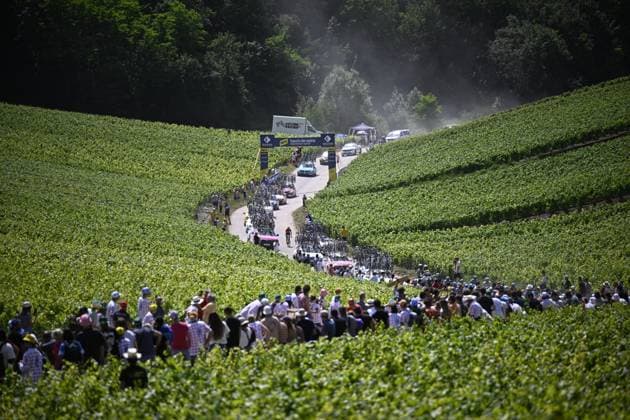 The pack of riders pictured in action during stage 9 of the 2024 Tour de France cycling race, from Troyes to Troyes, France (199 km) on Sunday 07 July 2024. The 111th edition of the Tour de France starts on Saturday 29 June and will finish in Nice, France on 21 July. JASPERxJACOBS  x96019210x