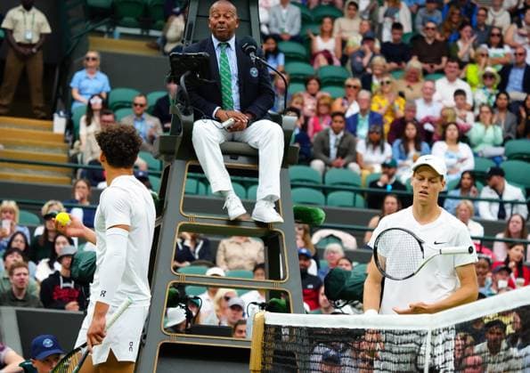 Ben Shelton talks to the umpire during his fourth round match Wimbledon Tennis Championships, Day 7, The All England Lawn Tennis and Croquet Club, London, UK - 07 Jul 2024  Copyright: xJavierxGarcia Shutterstockx 14575058cs