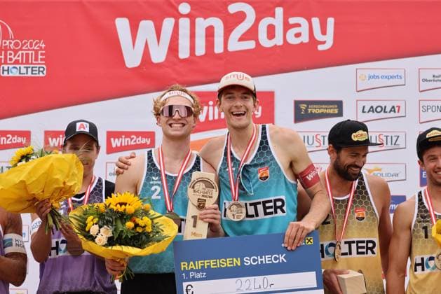 Beach volleyball, Beachvolleyball - Pro Beach Battle Masters SEEWALCHEN,AUSTRIA,07.JUL.24 - BEACH VOLLEYBALL - Beach Volleyball Tour PRO, Pro Beach Battle Masters Litzlberg. Image shows Timo Hammarberg (AUT) and Tim Berger (AUT).  GEPAxpictures xMathiasxMandl