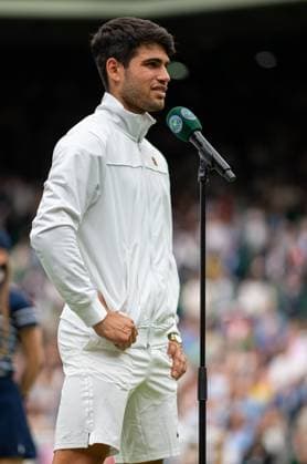 Tennis - Wimbledon Championship 2024 - Day 7 LONDON, ENGLAND - Sunday, July 7, 2024: Carlos Alcaraz (ESP) is interviewed after the Gentlemen s Singles 4th Round match on Day Seven of The Championships Wimbledon 2024 at the All England Lawn Tennis and Croquet Club. (Photo by Kirsten Holst Propaganda) LONDON All England Lawn Tennis and Croq GREATER LONDON ENGLAND  Copyright: xKirstenxHolstx 2024-07-07-041-Wimbledon_Day_7