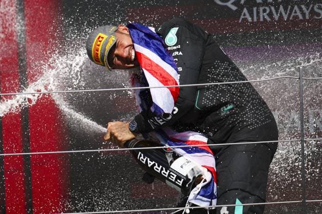 HAMILTON Lewis (gbr), Mercedes AMG F1 Team W15, portrait podium celebration during the Formula 1 Qatar Airways British Grand Prix 2024, 12th round of the 2024 Formula One World Championship, WM, Weltmeisterschaft from July 5 to 7, 2024 on the Silverstone Circuit, in Silverstone, United Kingdom - F1 - BRITISH GRAND PRIX 2024 DPPI Panoramic  240707_R12_GRAN_BRETAGNA_DP_EA017570