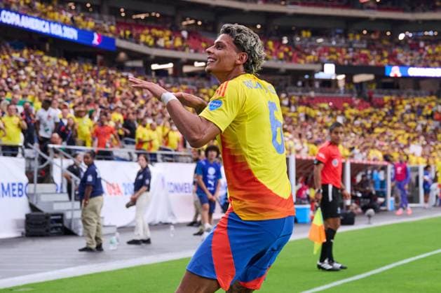 RECORD DATE NOT STATED Copa America USA 2024 Colombia 5-0 Panama - Quarter-final Richard Rios celebrates his goal 4-0 of Colombia during the CONMEBOL Copa America 2024 Quarter-final match between Colombia and Panama, at State Farm Stadium, on July 06, 2024 in Glendale, Arizona, United States. GLENDALE ARIZONA UNITED STATES  Copyright: xJorgexMartinezx 20240706183822_CA_QF_2024_COL_PAN_RIOS272